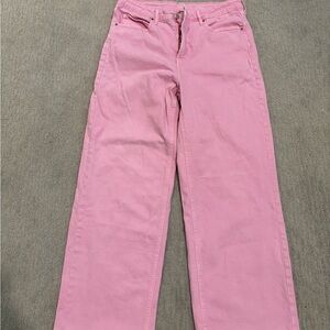 Pink denim, wide leg jeans